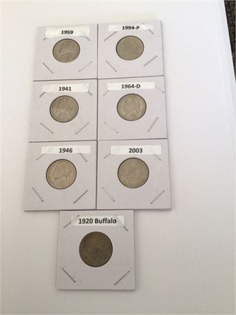 Nickels 1920 Buffalo, 1941, 1946, 1959, 1964-D, 1994-P, 2003