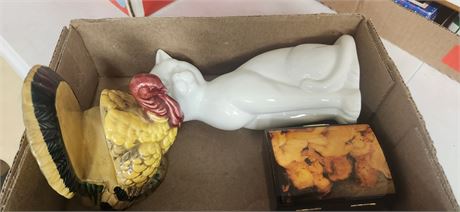 Cat Statue & Rooster Napkin Holder & Trinket Box