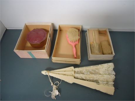 Vintage Fan & Brush & Comb & Container