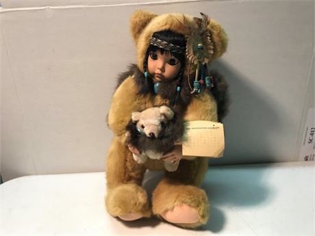 Vintage Enchanted Babies Native American Porcelain Doll with Bear & Papers