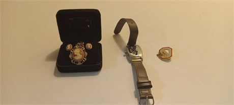 Cameo Necklace & Ear Rings & Watch & Ohio State Pin