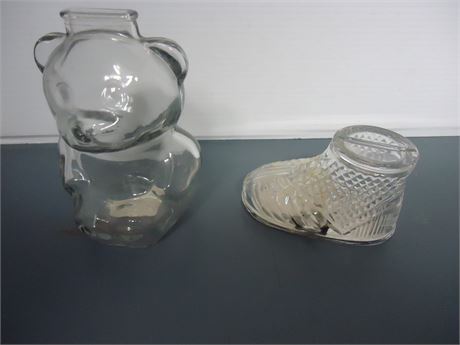 Crystal Legends Glass Boot Bank With Key & Anchor Hocking Glass Pig Bank