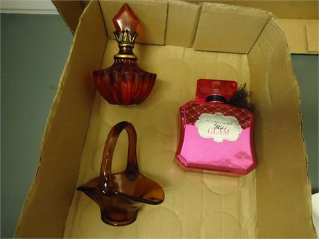 Mini Amber Glass Handle Basket & Vintage Perfume Bottle & Pink Perfume Bottle