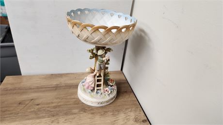 12"H Bisque Porcelain Reticulated Figural Compote Children Apple Tree