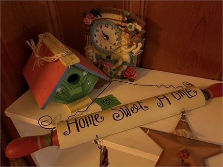Decor, Birdhouse, Clock, Sign