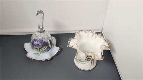 Fenton Hand Painted Glass Bell & Decorative Vase