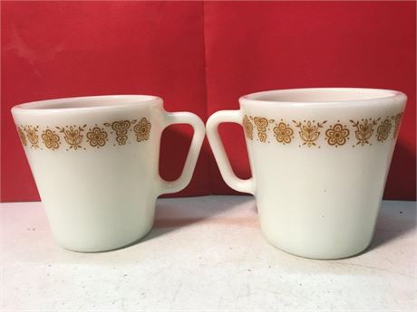 2 Pyrex 1410 D-Handle Butterfly Gold Milk Glass Coffee Cups