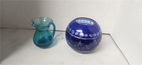 Cobalt Blue Cut Glass Vase & Small Glass Pitcher
