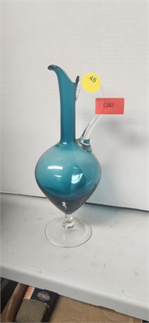 Vintage Blue Art Handblown Glass Pitcher 15" Tall