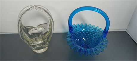 Hobnail Blue Glass Basket & Murano Blown Art Glass Basket