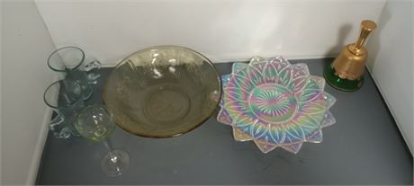 Federal Glass Iridescent Sunburst Plate & Bohemian Bell & Misc. Glassware