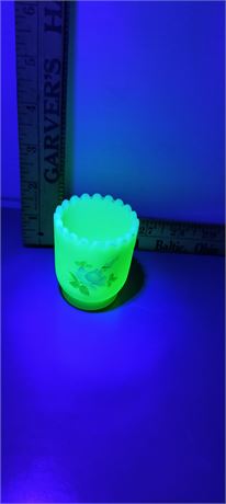 Fenton Custard Uranium Hand Painted Blue Flowers Signed Toothpick Holder.
