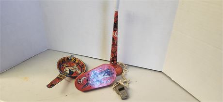 Vintage Halloween Tin Noise Maker US Metal Toy Manufactoring Co. USA & Whistle