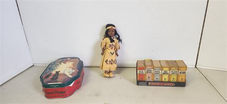 Library Of Games & Indian Doll & Christmas Tin
