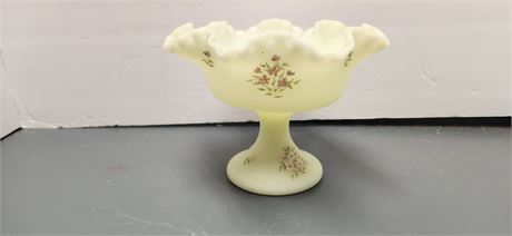 Vintage Fenton Hand Painted Crimped Edge Uranium Glass Compote Candy Dish