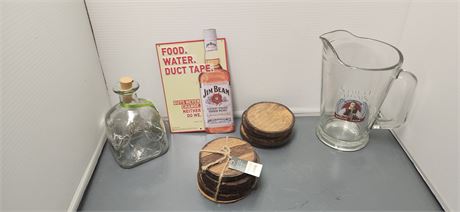 Jim Beam Metal Sign & Samuel Adams Pitcher & Coasters & Patron Bottle