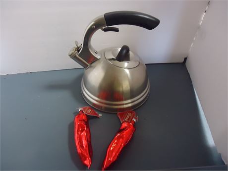 Stainless Steel tea Kettle & Hand Blown Glass Pepper Ornaments