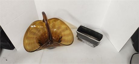 Amber Glass Basket & Flower Planter