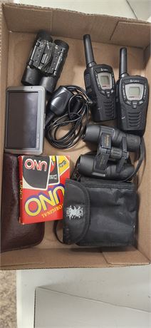 Binoculars & Uno Card Game & Cobra Walkie Talkies & Misc.