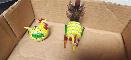 Lenox Blown Glass Rooster & Chicken. Rooster Has Broken Foot