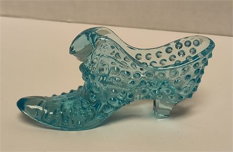 Light Blue Hobnail Glass Slipper. Unmarked Possible Fenton?