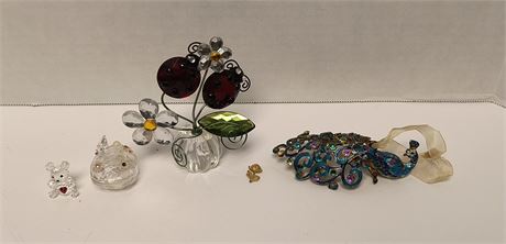 Small Schafer Bear & Misc. Glassware. Peacock Is Broken And Needs Repaired