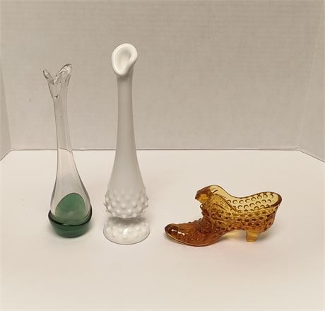 Unmarked Amber Hobnail Slipper & Hobnail Milk Glass Vase & Misc. Glassware