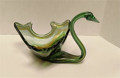 Large Green Swirl Hand Blown Art Glass Swan Bowl