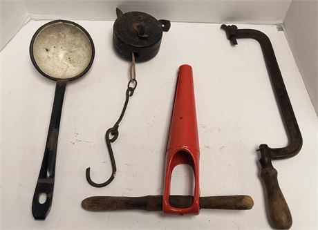 Vintage Hacksaw & Pully Wall Hook & Vintage Ladle & Barrel Bung Auger/Reamer