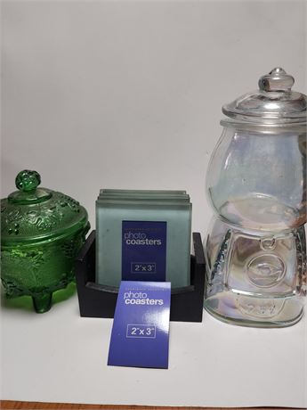 2 glass candy dishes, 4 picture coasters