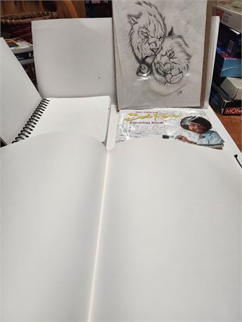 Bob Ross coloring book, 2 sketch pads, 1 drawing picture