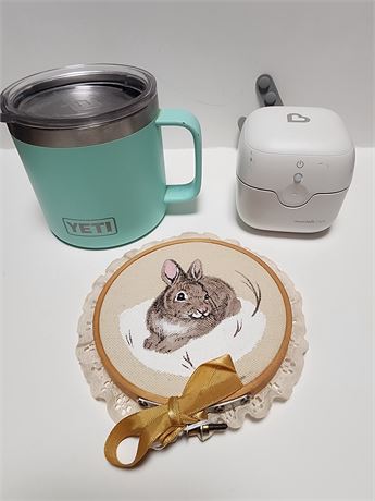 pacifier sanitizer, Yeti mug, rabbit decoration