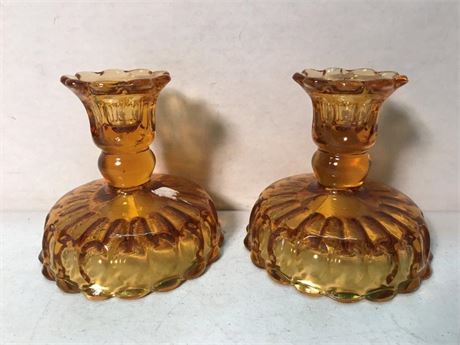 2 Fenton Ambler Glass Thumbprint Candlestick