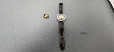 18K Gold Plated Gripoix Glass Napoleon Stone Coin Ring & Unique Watch
