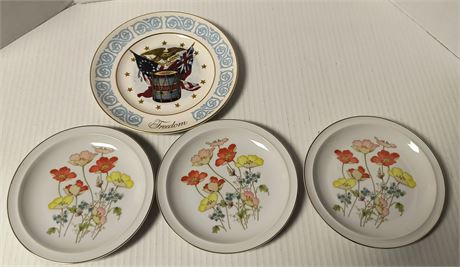 3 Painted Poppy Plates & Avon Freedom Plate