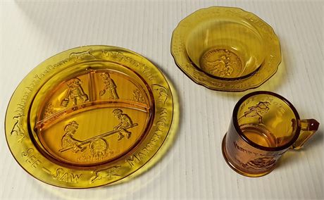 Vintage Nursery Rhyme Themed Child Divided Yellow Glass Plate & Cup & Bowl