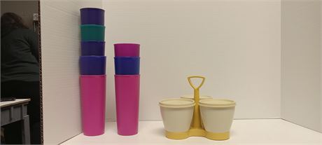 Vintage Tupperware Colored Cups & Tupperware Condiment Caddy