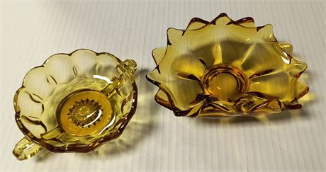 Vintage Double Folded Amber Glass Bowl & Cup