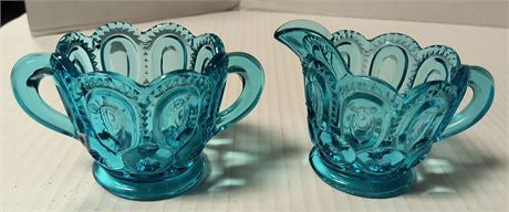 Vintage LE Smith Moon And Stars Blue Glass Cream And Sugar Set