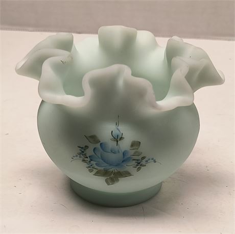 Fenton Hand Painted Blue Custard Satin Double Crimped Ruffle Case Bowl