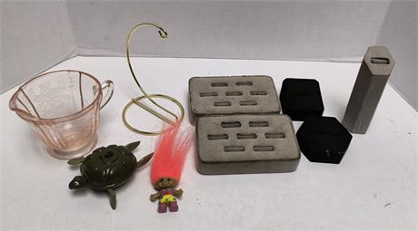 & Jewelry Displays & Pink Depression Glass Pitcher & Ornament Stand & Toys