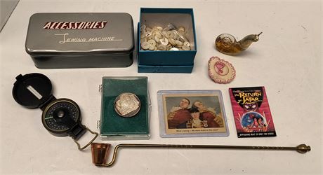 Compass & Buttons & Return Of Jafar Pin & Three Stooges Trading Card &  Misc.