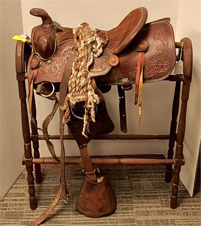 Vintage Leather Saddle & Vintage Wood Quilt/Blanket Rack