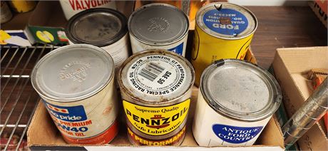 Vintage Cans Of Oil. Pennzoil Can Is Empty. Other Cans Are Unopened