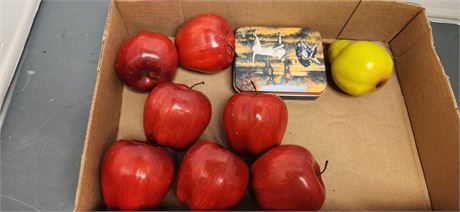 Lot Of Apple Decorations & Empty Tin & Pear Decoration
