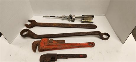 Cylinder Hone & 14 " Great Neck Pipe Wrench & Misc. Tools