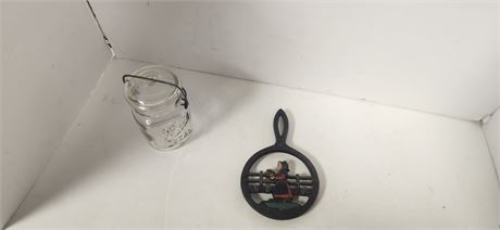Ball Jar With Lid & Cast Iron Amish Girl Trivet