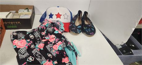 Girls Bathing Suit. Size 7/8 & Shoes & Baseball Hat