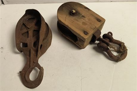 Vintage Wooden Block & Tackle Pully & Vintage Barn Pully