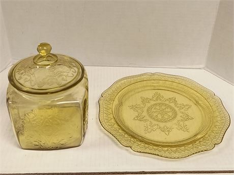 Vintage Depression Glass Jar With Lid & Platter. Has A Chip in Jar Lid